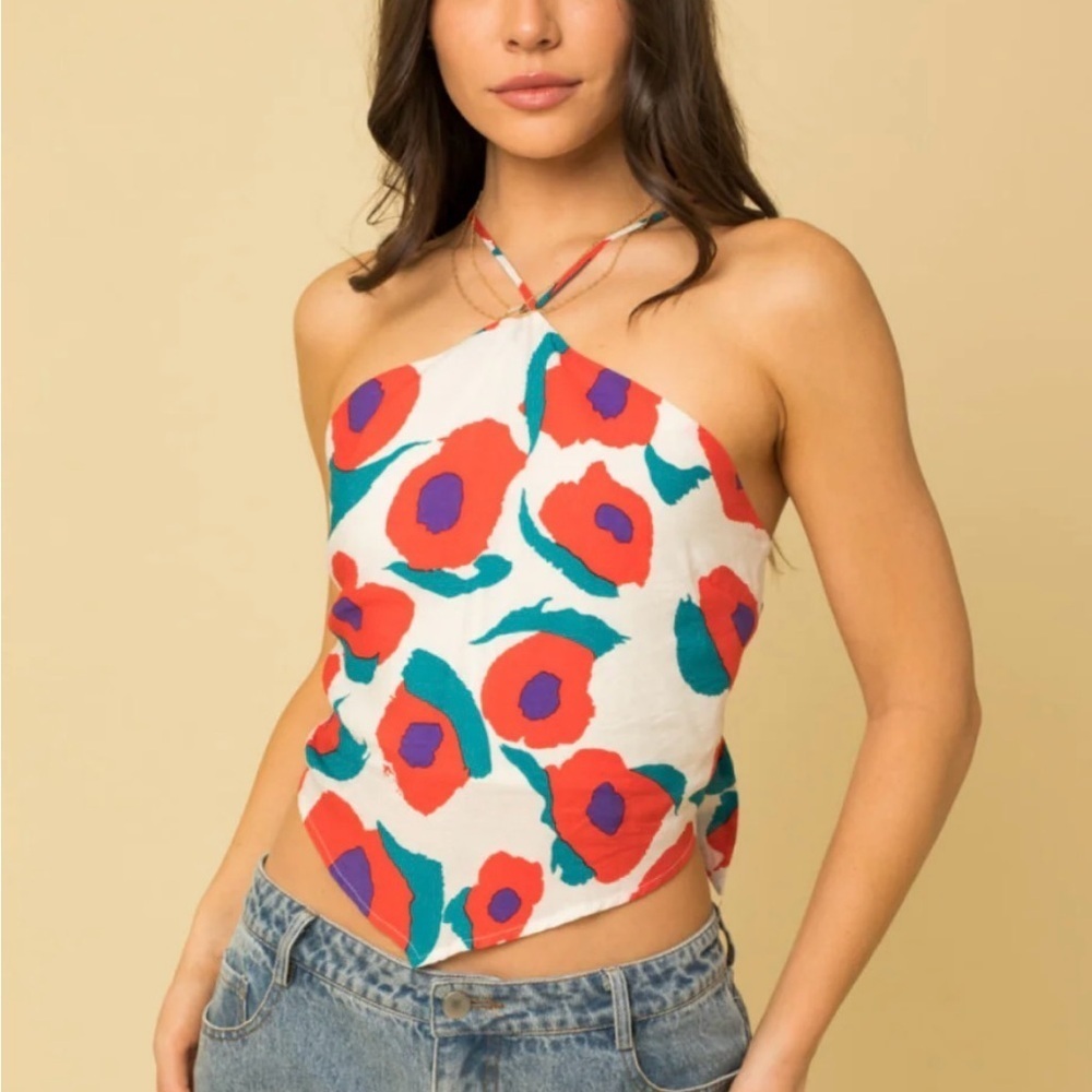 Gilli Halter Scarf Top Colorful Floral Front Lined Back Tie Women’s Size M
